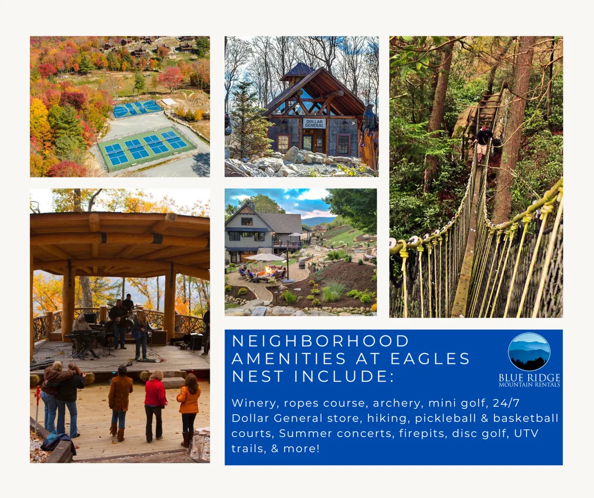 This exterior shot captures the excitement of the resort's outdoor amenities, including the ropes course, mini golf, an archery range, and a concert stage set against scenic views. The image exudes a sense of adventure and vibrant community activity, with plenty of open space for families to explore and play.